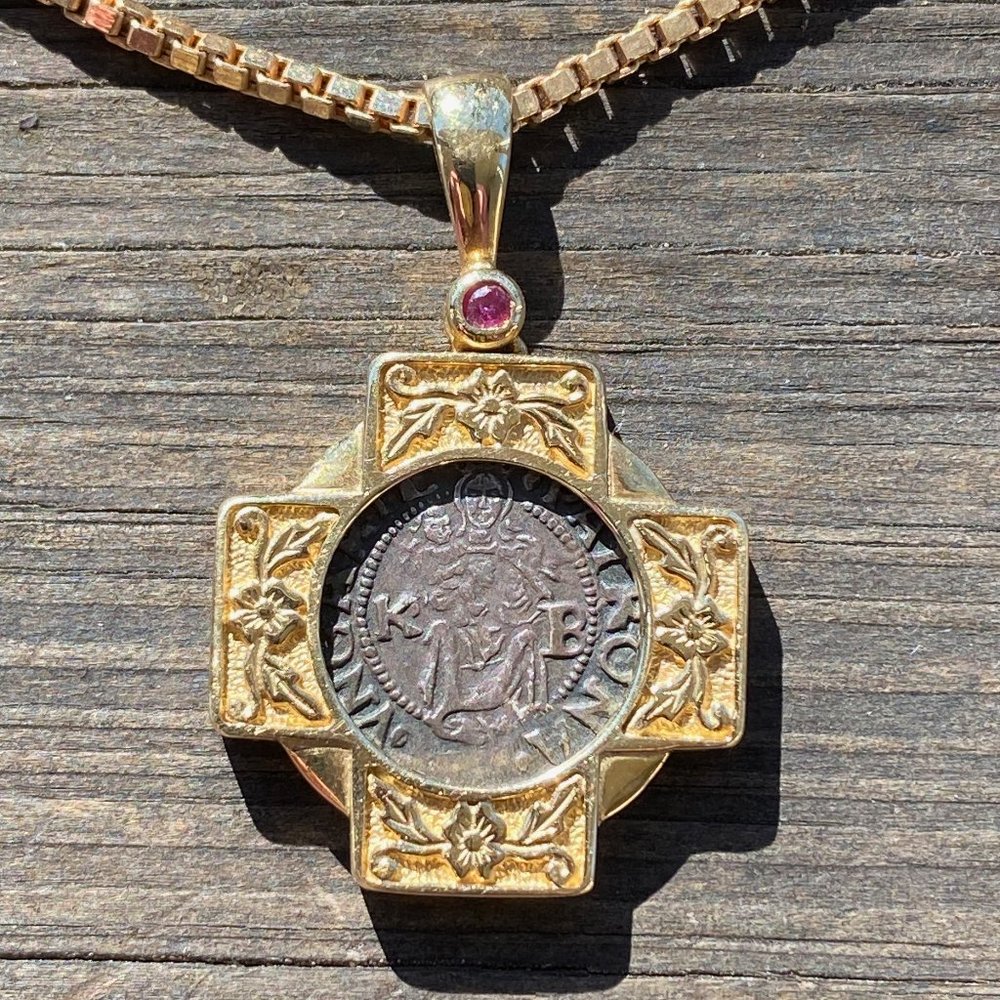 Madonna and Child 14K Gold & Ruby Pendant Antique